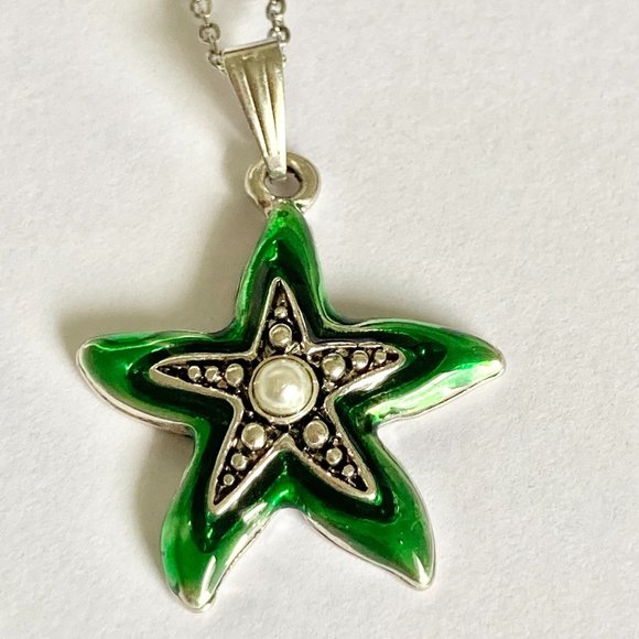 Starfish Necklace Choker Pearl Green Enamel 16-19" Chain Silver Plated Sea Life - Picture 4 of 8